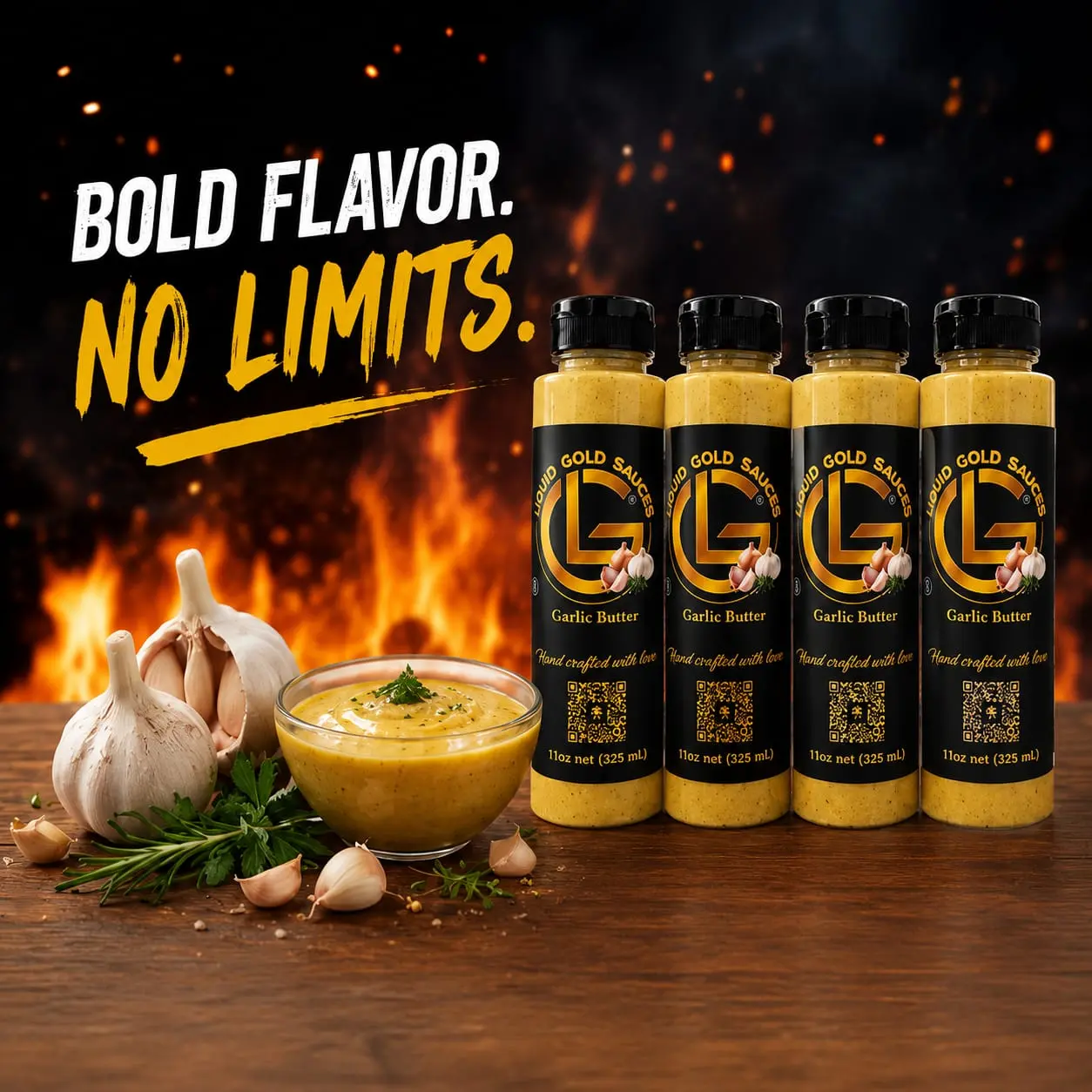 Liquid Gold Garlic Butter Sauce Family Pack | 4 Bottles (11 oz / 325 mL Each)