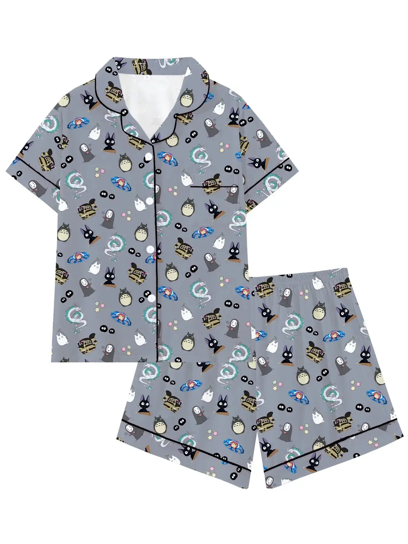 Women's Spirited Away Print Pajama Set, 2-Piece Short Sleeve Sleepwear, Casual Loungewear, Slim-Fit Homewear, Cute Anime Pajamas for Spring & Fall