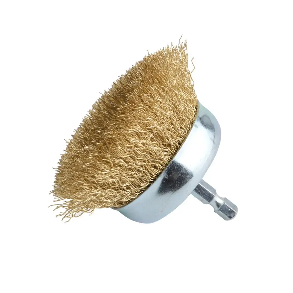 Gunpla 1pc 3-in Crimped Wire Cup Brush with 1/4-in Hex Shank - Heavy-Duty Brass-Coated Carbon Steel Bristles Power Drill Attachment, Garage Hardware for Metal Rust Removal, Paint Removal