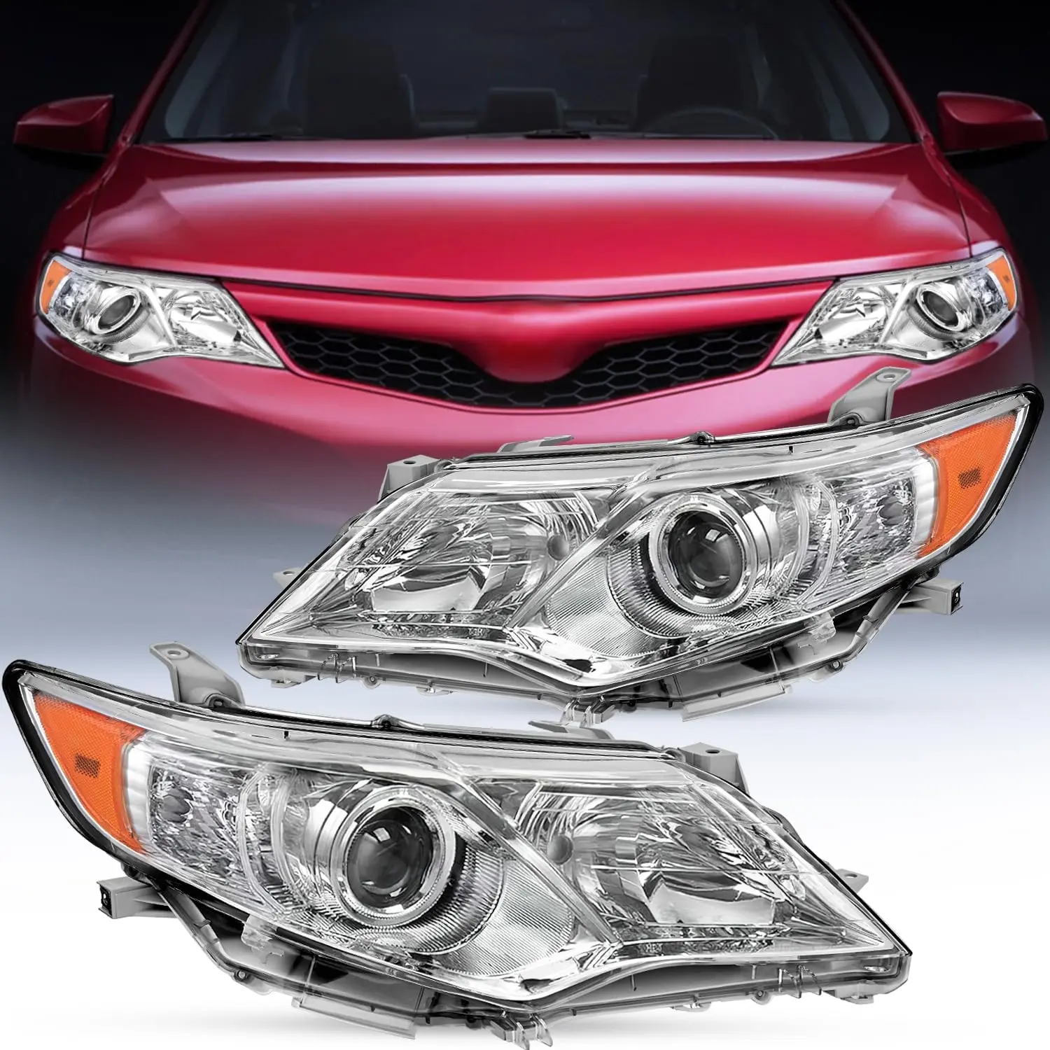 Nilight Headlight Assembly for 2012 2013 2014 Toyota Camry L/LE/XLE/Hybrid Headlamps Replacement Chrome Housing Amber Reflector Driver and Passenger Side