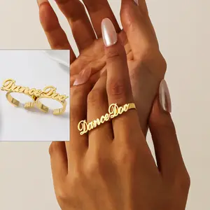 Custom Two Fingers Name Ring for Women Personalized Stainless Steel Jewelry Adjustable Men Nameplate Ring Birthday Gift