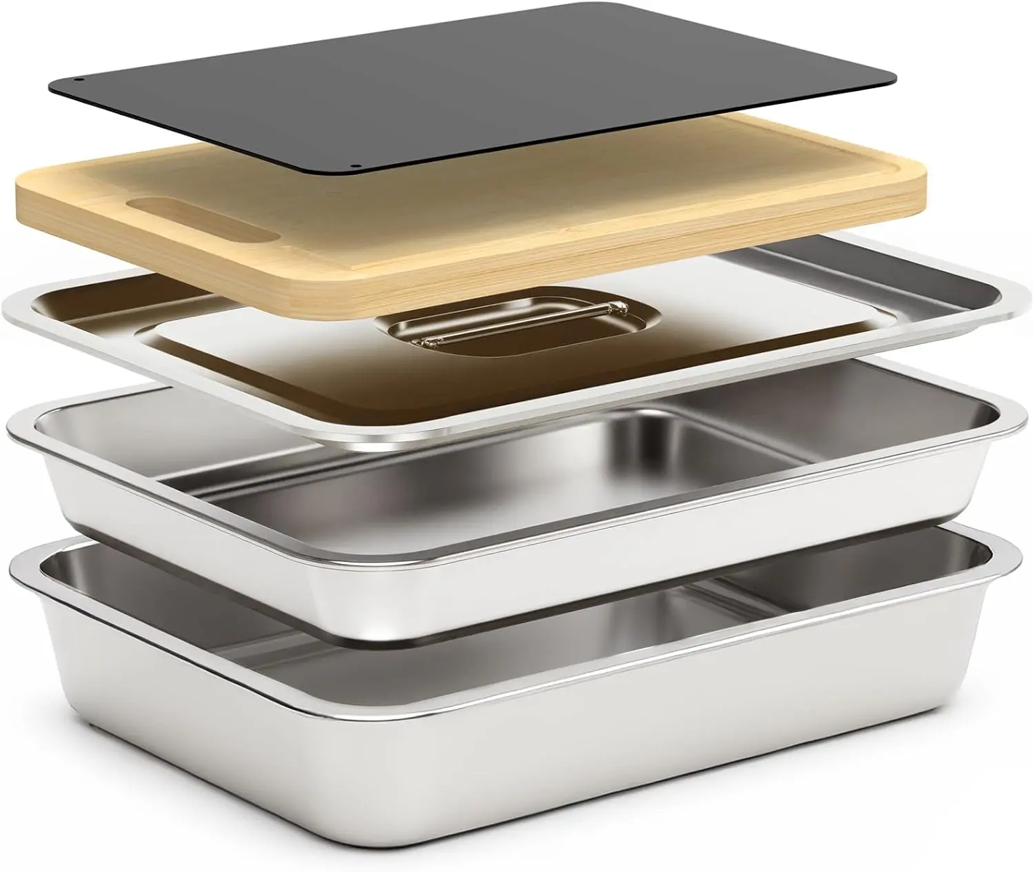 5-Piece Durable Stainless Steel BBQ Grill Prep Tray Set - Barbecue Accessories with Marinade Container (Lid), Thawing Board, Cutting Board, Serve Tray, Marinate & Go, Thawing Easy, Dishwasher Safe, Outdoor Cooking Gift for BBQ Lovers
