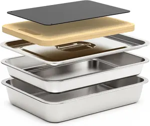 5pcs Grill Prep Trays Sets, Stainless Steel Grilling Prep and Serve Tray, Marinade Container with Lid, Thawing Board, Cutting Board, BBQ Grill Accessories, Grilling Gifts for Mens