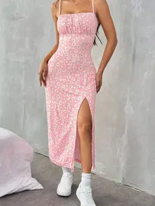 Daisy Strap Long Dress, Spaghetti Strap, Gentle Slimming Side Slit Dress, Style Floral Print Maxi Dress, Elegant Summer Fashion, Elegance, Womenswear, Feminine, Chic, Casual