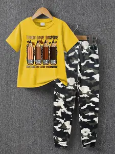 Boys' Summer Fashion Creative Pencil Pattern Print Casual Short Sleeve T-Shirt + Comfortable Camo Jogger Pants Set