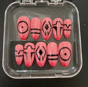AuréNails – Anime Jujutsu Kaisen Press On Nails, Pink Black Cursed Symbol Nail Art, Handmade Cosplay False Nails for Manga Otaku Fans – AN09