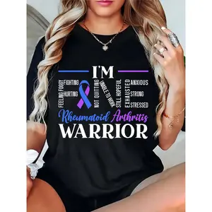 Women's I'm Rheumatoid Arthritis Warrior T - Shirt, Blue Purple Ribbon, Fighting Hopeful Strong Casual Tee for RA Patients & Supporters Daily Wear 100% Cotton T-shirt