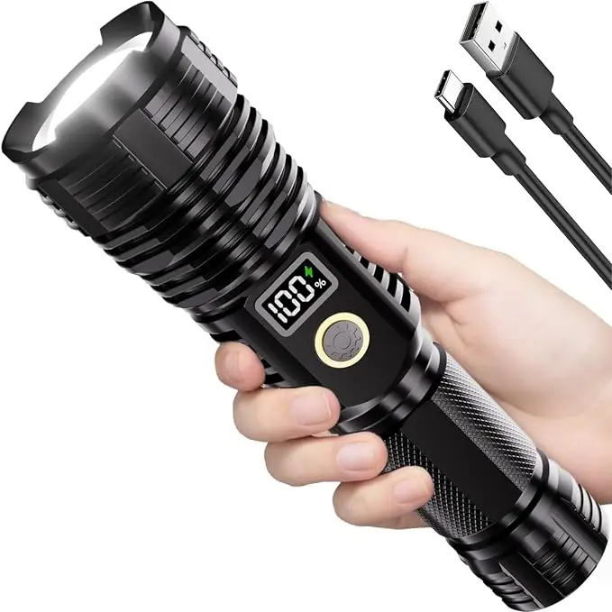 100000LM Ultra Bright Rechargeable Tactical Flashlight, Zoomable Waterproof Torch with LCD Display, Long Range 5 Light Modes for Camping Hiking Home Emergency