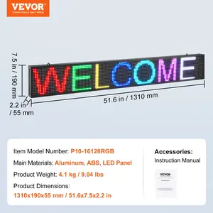 VEVOR LED Message Board, P10 Full Color Scrolling Display, Customizable Text and Animation via WIFI or USB, Ideal for Retail, Parties, and Bars, 52x8