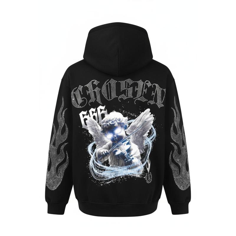 Heavyweight Rhinestone Hoodie Black Urban Streetwear Angel Graphic Design with Rhinestone Flame Details Long Sleeve Unisex Comfortable Regular Fit