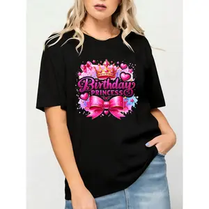 Summer Fashion Short-Sleeve T-Shirt for Girls with a Birthday Princess Crown And Bow Cartoon Print, a Casual And Versatile Top