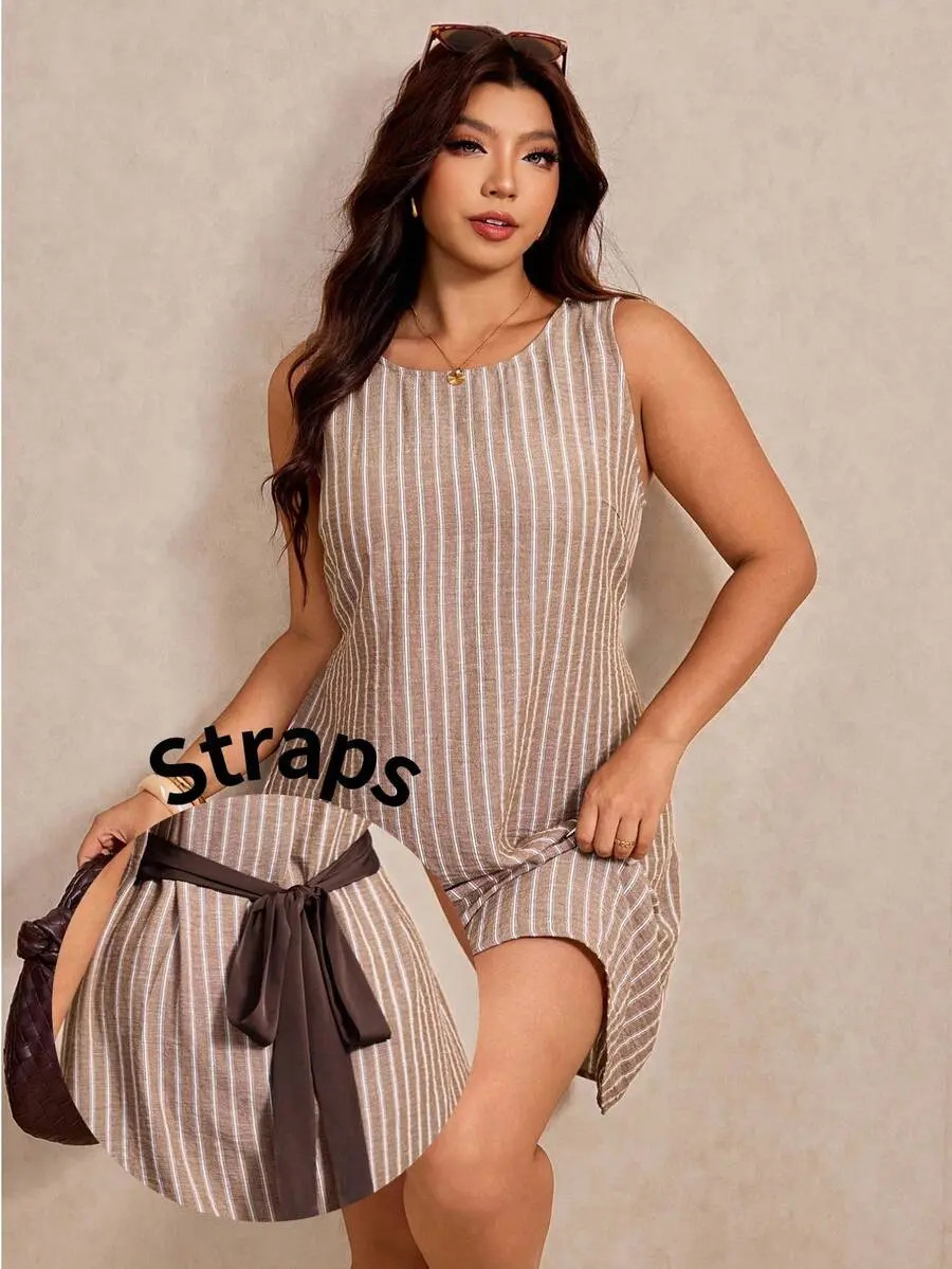 ONYX x Elaquor Plus Size Sleeveless Mini Dress, Summer Striped Elegant Tie-Waist Commuter A-Line Short Casual Dresses For Women Brunch Quick Ship