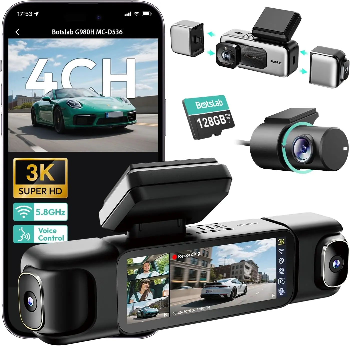 BOTSLAB 3K 4-Channel Car Dash Cam - 360° All-Around View, 3.18" Touch Screen, Front/Rear/Inside Cameras, 24/7 Parking Mode, Built-in GPS, 5.8GHz WiFi, Voice Control, 128GB Card Included