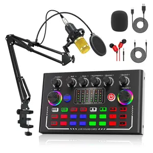 Live Sound Card, Sound Card Set, Podcast Equipment Bundle with Studio Microphone, Professional Live Sound Card with DJ Mixer Effects and Voice Converter for Live Gaming YouTube TikTok