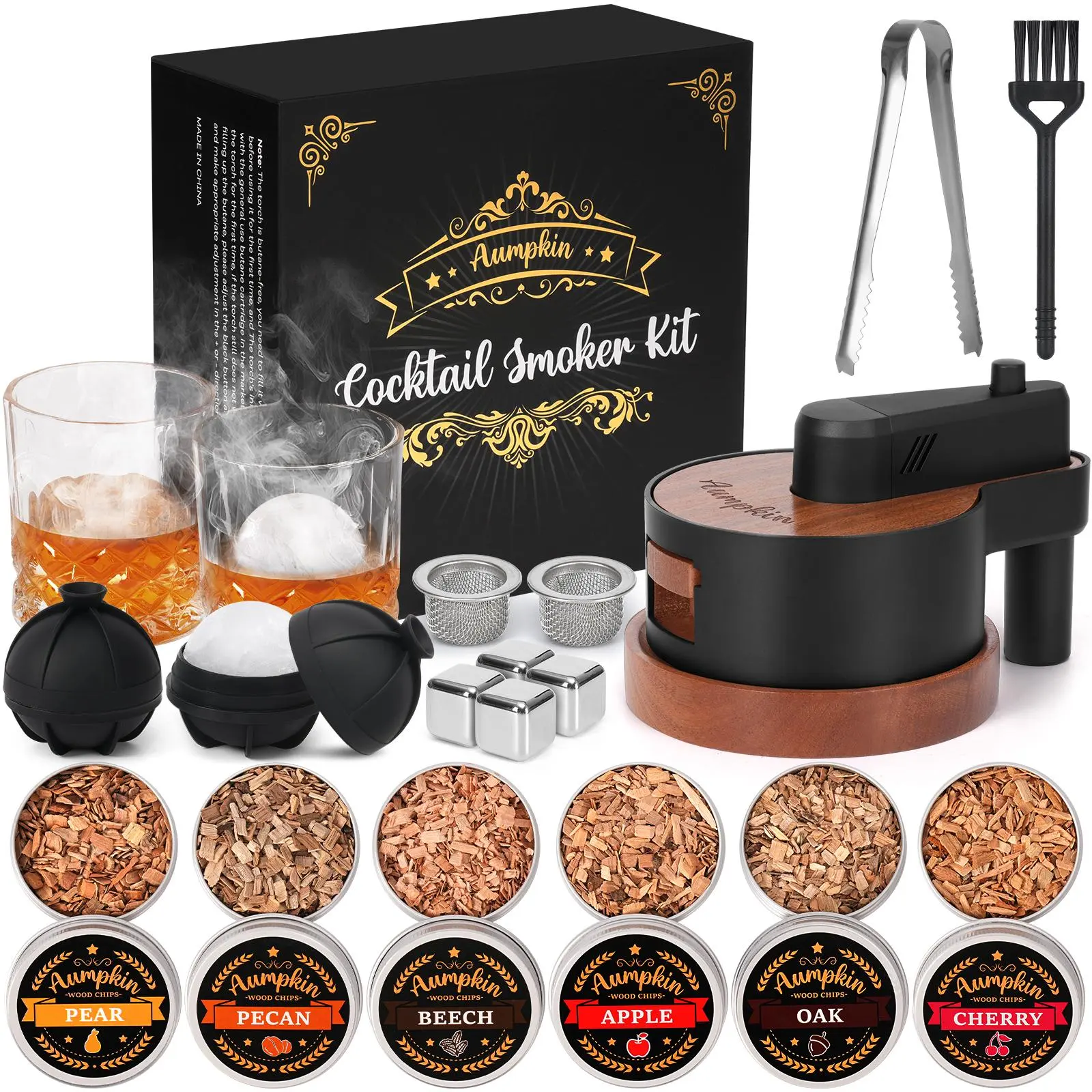 Kitchen Whiskey Smoker Set with Built-in Torch - Old Fashioned Drink Infuser, Premium Bourbon Gifts for Him, Includes 6 Wooden Chips, 2 Filters, Brush, Clip (No Butane) for Fruits, Desserts, Mens Gifts