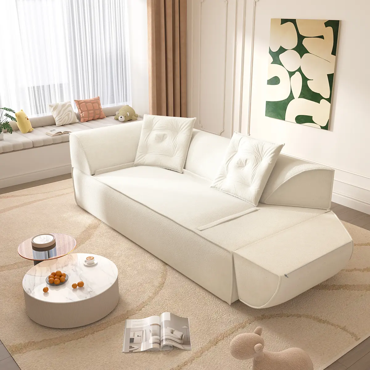 Family-Friendly Easy Assembly 3-In-1 Convertible Sofa Bed, 79.5" Modern Deep Seat Couch With 2 Pillows, 3-Seater Sofa, Sparkling Chenille Fabric Sofa,Chaise Lounge For Living Room, Studio,Office,Beige#Summervibes