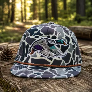 Mallard Duck Camo Trucker Hat, Embroidered Flying Duck Snapback Cap, Waterfowl Hunting Rope Hat, Vintage Flat Bill Camo Cap