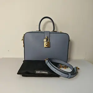 Pre-owned DOLCE & GABBANA Calfskin Crossbody Bags Blue Leather Floral Box Bag with Gold Hardware and Shoulder Strap 25x9x19 cm for Formal Events