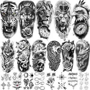 92 Sheets Temporary Tattoo, 17 Sheet Half Arm Lion Wolf Tiger Dragon Butterfly Rose Fake Tattoos for Women Men, 75 Sheet Realistic Tiny Tattoos Stickers for Adult Body Chest Neck Hand