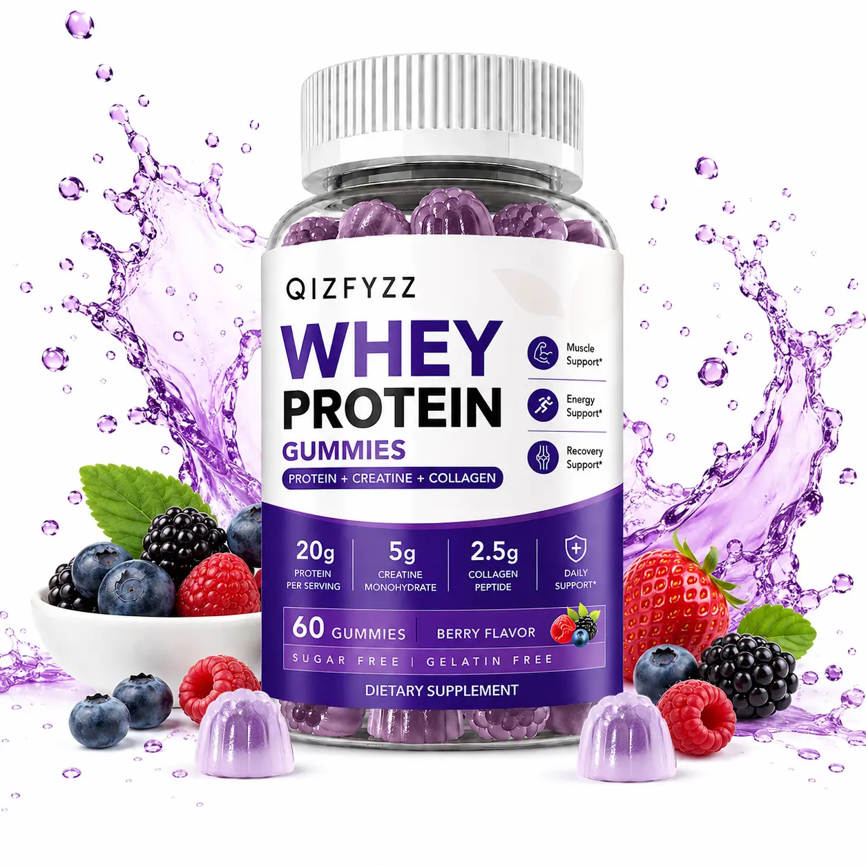 3-in-1 High Protein Chewable Whey Gummies Healthcare Dietary Supplement - Sugar-Free, with Creatine & Collagen, Pre-Workout Support for Energy & Focus, Fitness Muscle Recovery, Berry Flavor