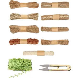 9 pieces of jute lace craft ribbons, vintage Burlap ribbons, with 1 piece of simulated green leaf rattan and 1 piece of scissors, Used for homemade crafts, DIY gift packaging, weddings, parties, and home decor