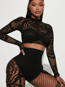 Rose Fishnet Two-Piece Set, High Neck Long Sleeve Top + Leggings, Floral Pattern, Women's Nightclub, Evening Wear