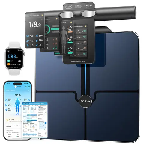 RENPHO 8-Electrode Digital Bathroom Scale, Multi-Function Rectangular Health & Fitness Monitor with BIA Tech Full Body Scan, Built-In Display, Bluetooth App Sync, 400lbs Capacity for Healthcare & ABS Tracking