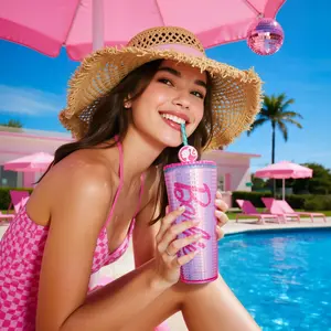 Barbie Travel Tumbler 26 oz Studded Cup with Lid and Straw Vacuum Insulated Water Bottle Holder Compatible BPA-Free Fashionable Coffee Cup Plastic Cup for Girls and Kids| Car School Home Party Pink（1pc） water bottle for women Portable