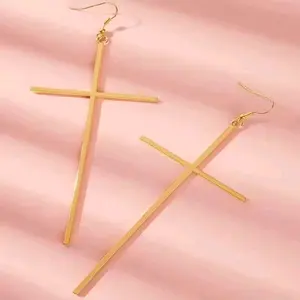 Cross Earrings - Gold Color Long Cross Design for Women's Fashion Accessory