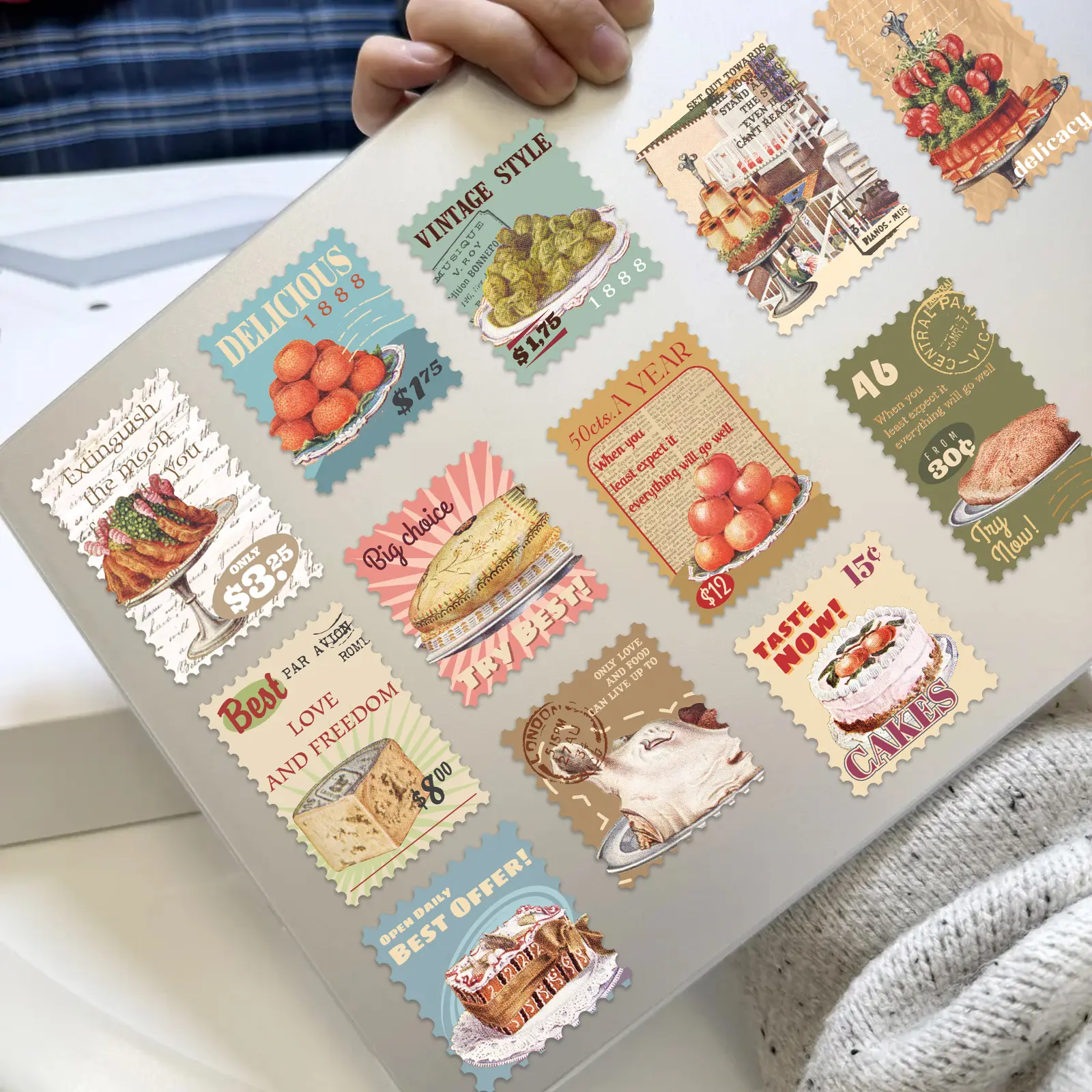 PRSTINCOL 100pcs Vintage Adhesive Die-Cut Decorative Food Stickers - Retro Cafe Signs for Journaling Planners, DIY Projects (Food Lover Gift), Adhesive Stickers Stickers
