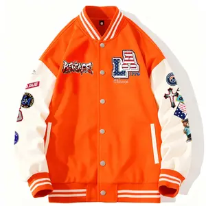 LA Badge Men's Baseball Jacket 100% Polyester Durable Colorblock Orange Coffee LA Badge Hat SWAG Gang-Style Graphic Print Varsity Coat Vintage Retro Classic Casual Sports Streetwear Light Fleece-Lined Winter Jacket Trendy Gift - Menswear