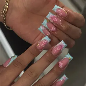 10ocs Y2K-Style Handmade Press-On Nails, Handmade Press Ons, featuring full-coverage design, easy to remove and reusable, 'pipe' shape, blending blue, pink, nude shades, 3D embossed patterns, classic Frenc