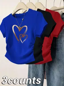 Valentine's Day Hearts Printed Women's  Ruched T-Shirts Tops, Casual  Simple  Short Sleeve T-shirt for Daily Wear, Ladies Clothes for All Seasons