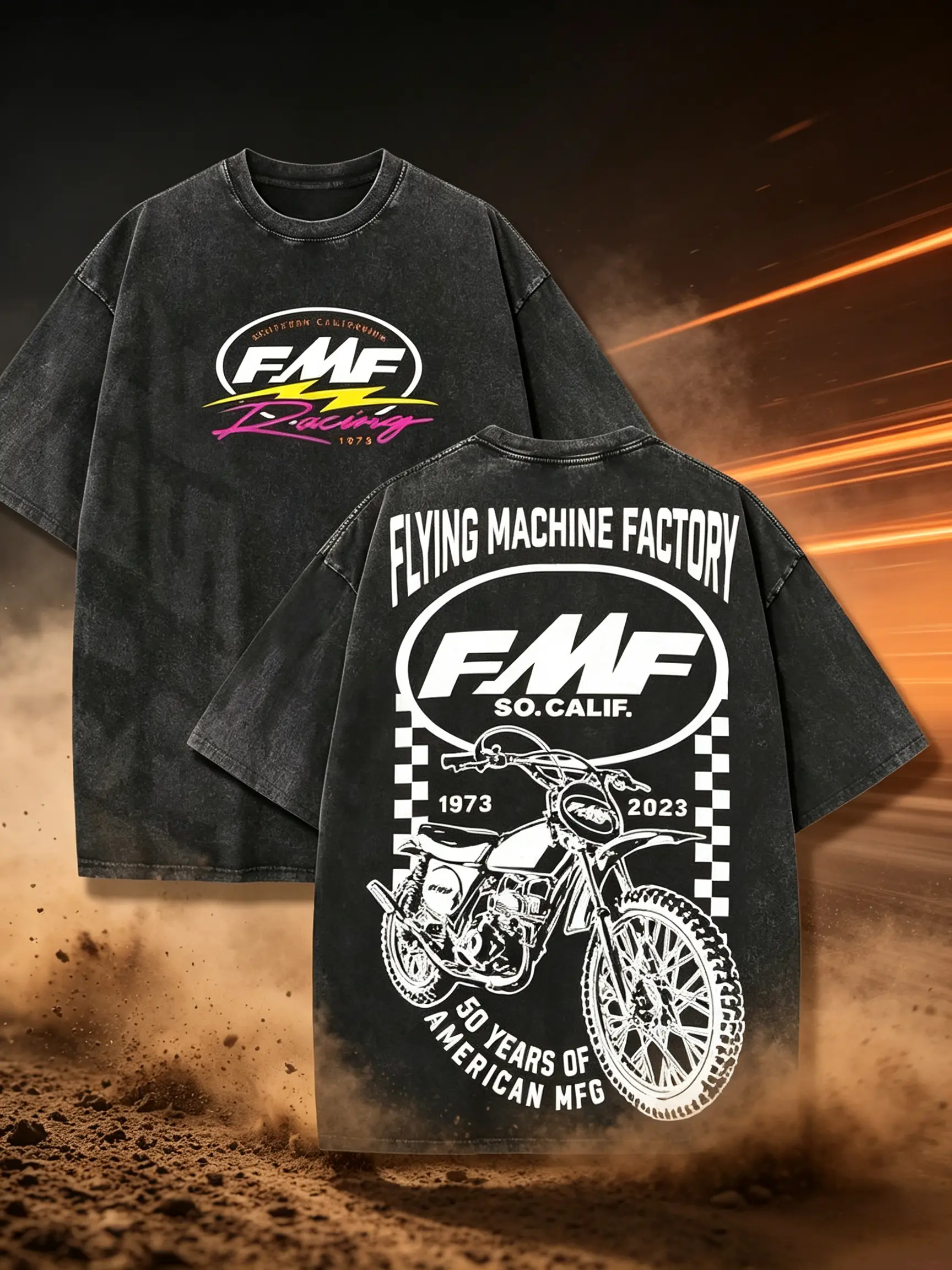 Men's FMF Racing Southern California Vintage Acid Wash Oversized Short-Sleeve Cotton T-Shirt - Round Neck, Graphic Print, 1973 Logo Front, 50th Anniversary Motocross Back, Black Distressed Streetwear, Casual Gift For Dirt Bike Fans, S