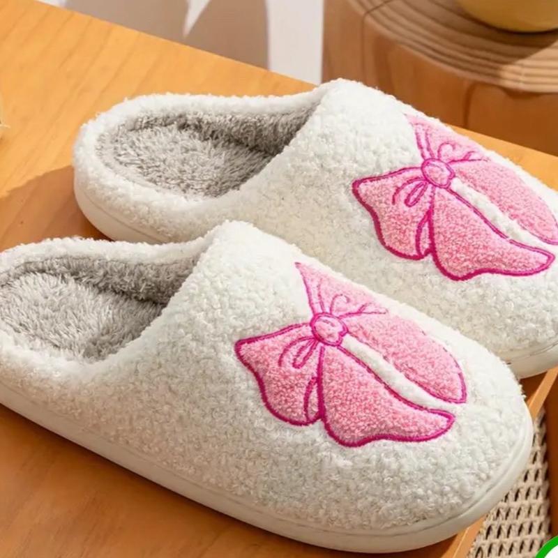 Women's Bowknot Slippers - Winter Warm Fuzzy Slip-On House Shoes with Cute Bow and Cartoon Pattern - Footwear, Walking Shoes