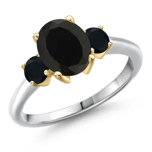 Gem Stone King 925 Silver and 10K Yellow Gold Black Onyx Engagement Ring For Women | 2.44 Cttw | Oval 9X7MM | Gemstone December Birthstone