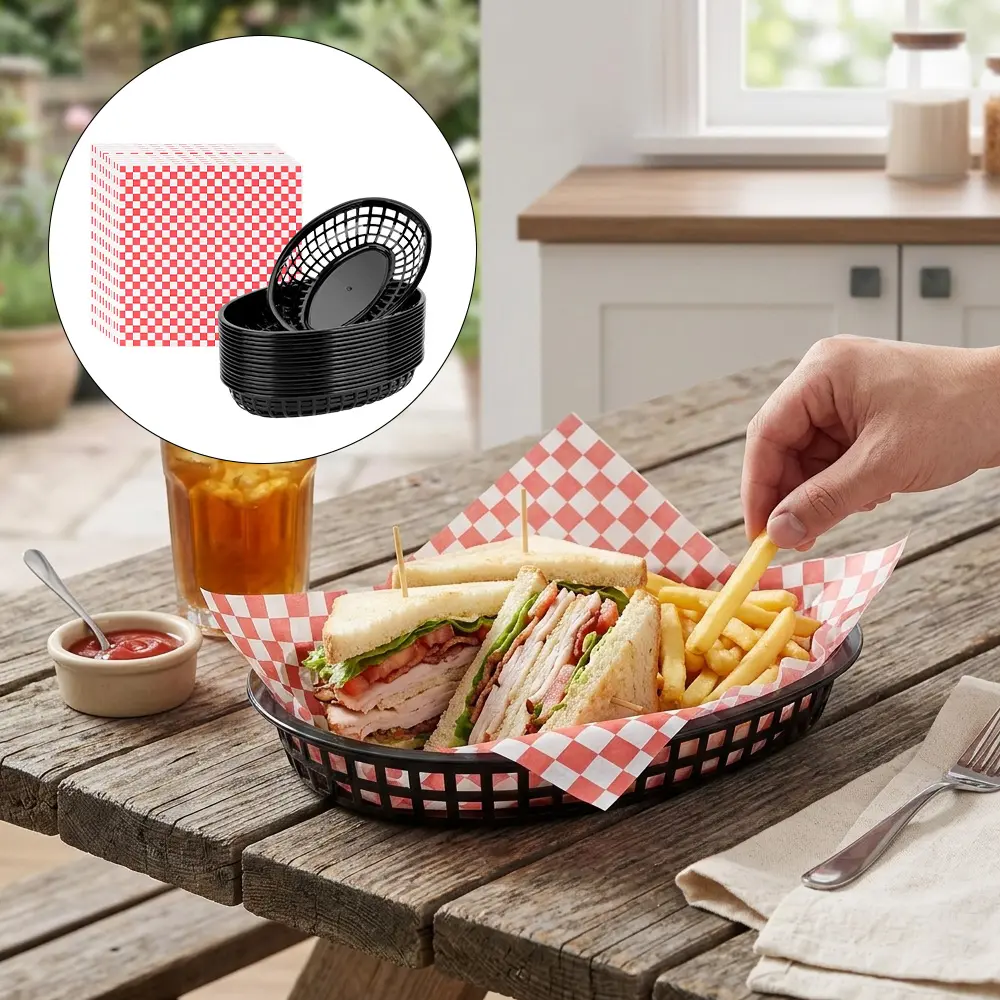 Retro Oval Lightweight Plastic Food Baskets (15pcs, Black) with 100pcs Red Checkered Greaseproof Oil Paper Liners, Reusable Kitchenware Serving Baskets for Fries, Picnics