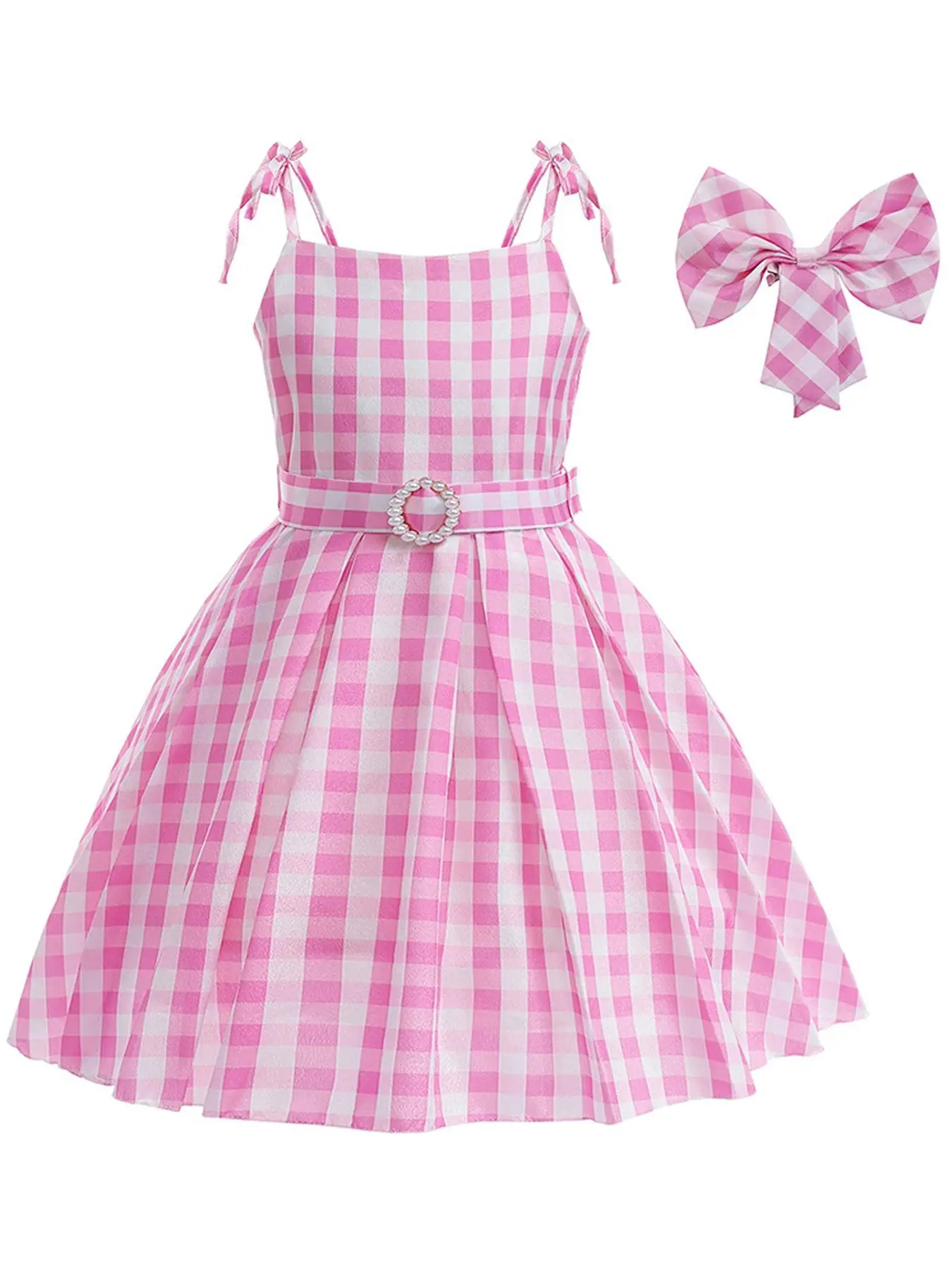Girl's Gingham Print Faux Pearl Decor Belted Dress With Hair Clip, Cute Spaghetti Strap Tie Shoulder Midi Dress for Party Holiday, Kids Clothes for Al