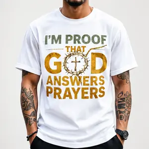 Men's Christian T-Shirt "I Am the Proof of God's Response to Prayer" with Golden Crown Cross & Lettering - Ultra-Soft Breathable Fabric Suitable for Church, Easter, Christmas - White & Black Crew Neck Short Sleeve, Unisex (Machine Washable) Religious
