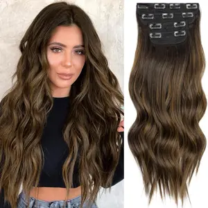 4PCS Clip in Long Soft Glam Waves Thick Hairpieces 20 inches Ombre Chocolate Brown mix Dirty Blonde Hair Extensions Synthetic Fiber Double Weft Hair for Women Full Head