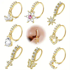 8Pcs Dangle Nose Ring Hoop Flower Leaf Star Butterfly Daith Tragus Helix Lip Piercing CZ Cartilage Earrings Nose Piercing Jewelry for Women Men Gold Rose Gold Tone