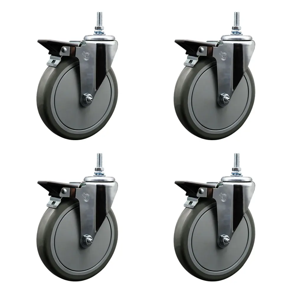 Service Caster SCC-TS20S614-PPUB-PLB-M1215-4 4-Pack Swivel Threaded Stem Casters, 6x1.25in Gray Lockable Non-Marring Wheels with Posi Lock Brakes, 12mm Stems, Bolt Hole, 1400lbs Capacity for Material Handling Carts & Equipment on Concrete/Tile/Wood Floors