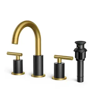 FORIOUS Bathroom Faucet with Metal Pop-up Drain Assembly Black and Gold Stainless Steel 2 Handle 3 Hole Bathroom Toilet Sink Basin Faucet Water Tap with Supply Pipe