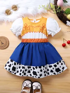 Baby Girl Elegant, Sweet And Cute Bubble Sleeves Color Blocked Star Printed Cow Printed Princess Dress Suitable For Summer Parties, Vacation And Leisure