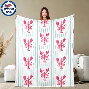 Flannel Throw Blanket with Nautical Red Lobster Pattern, 280GSM Soft Cozy Warm Comfortable Lightweight Portable for Beach House Couch Bed, Coastal Gift for Seafood Lovers Men Women Summer Vacation