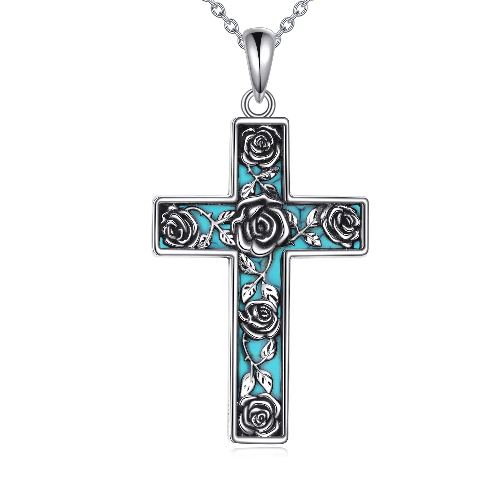 Turquoise Cross Necklace, S925 Sterling Silver Turquoise Crucifix Pendant with Flower, Turquoise Jewelry Gifts for Women