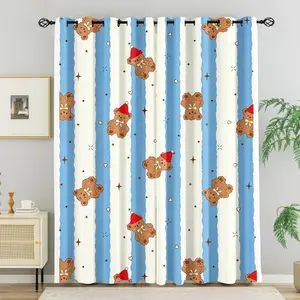 2-Piece Set of Cartoon Teddy Bear Print Blackout Curtains Fresh Blue-Themed Bear Curtains Made from Blackout Fabric, Ideal For Living Room and Bedroom Decor an Exclusive Gift for Teddy Bear Lovers