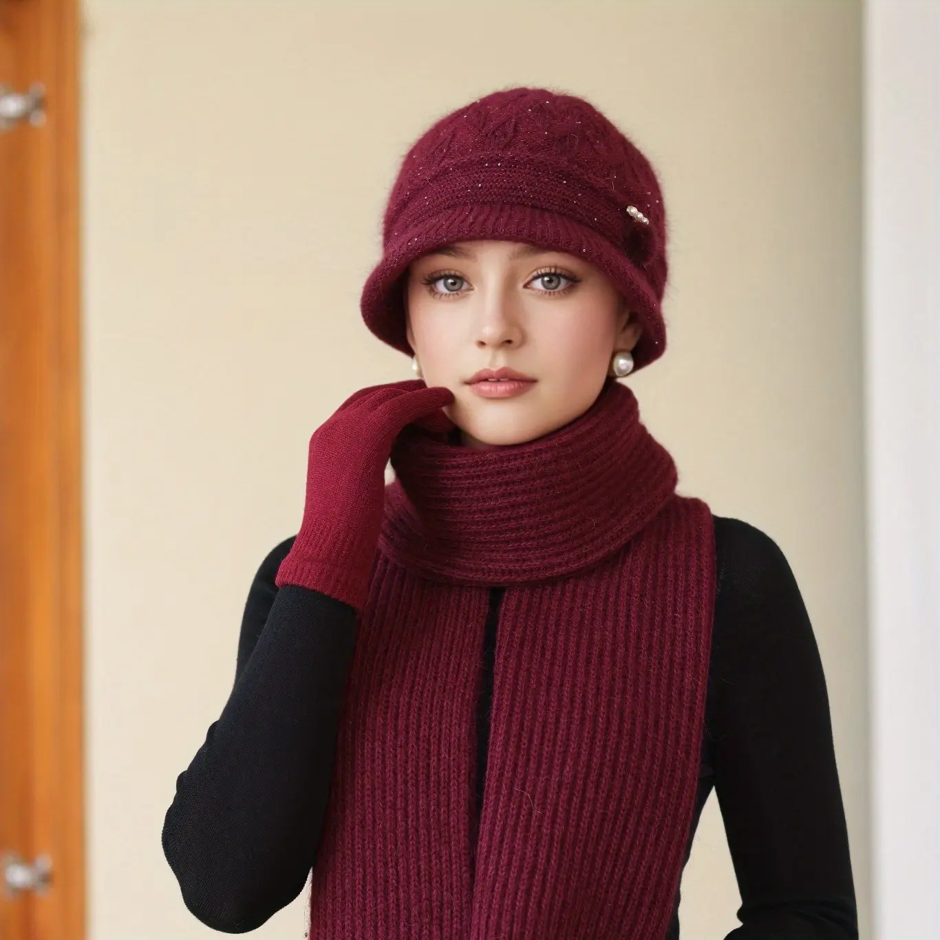 Women's Thick Warm Fabric Winter Hat - Burgundy Deep Red/Black - Foldable, Elastic Fit, Casual, Unisex, Hand Washable, Long-Lasting Cap for Elderly Ladies - Cold Weather Accessory