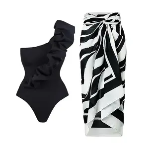 One-piece swimsuit with air layer decoration, solid color, high-end feel, women's swimsuit