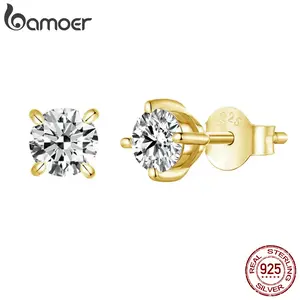 BAMOER Gold Plated Round Moissanite Stud Earrings for Women, 925 Sterling Silver Classic Engagement Wedding Jewelry Gift MSE038